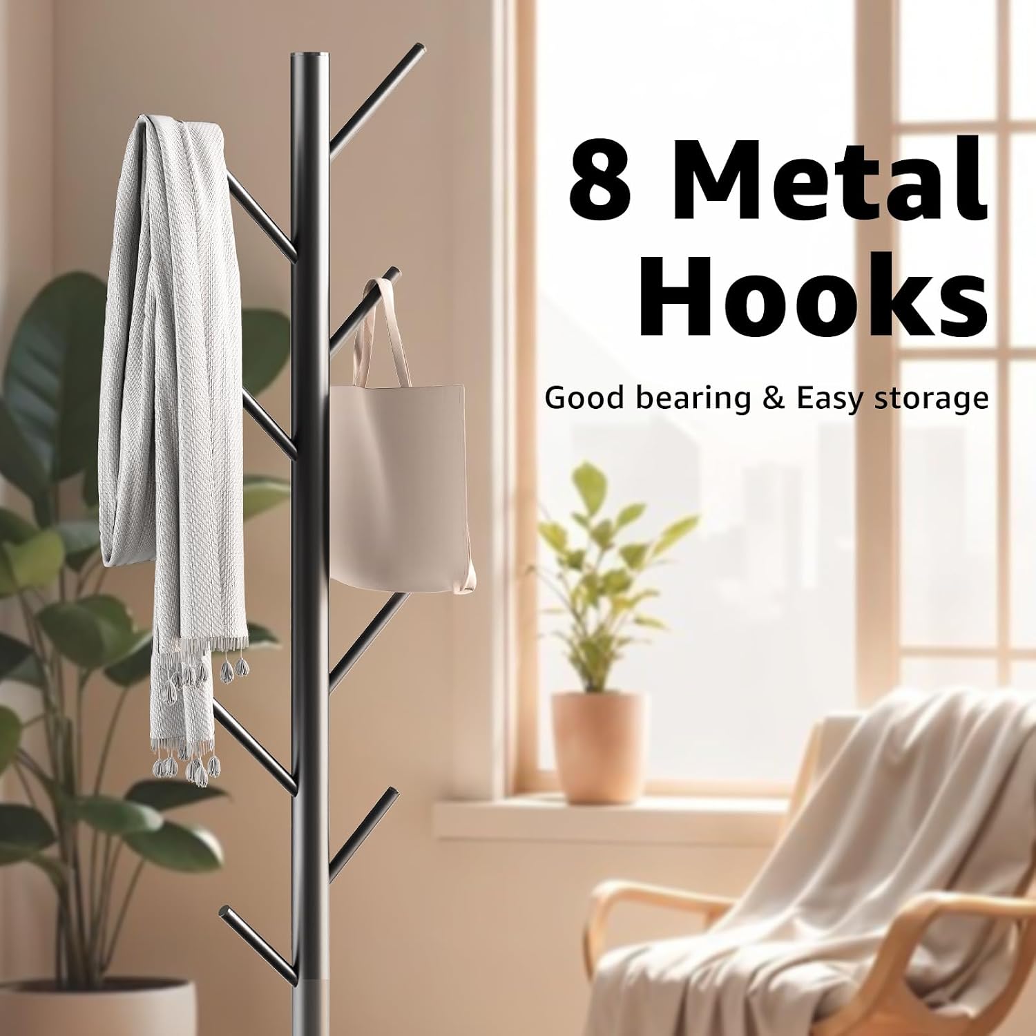HzTinT Coat Rack with Natural Marble Base, Metal Freestanding Coat Rack with 8 Hooks, 3 Adjustable Size Sturdy Coat Tree for Bags, Coats, and Hats for Entryway, Hallway, Bedroom, Office, Black