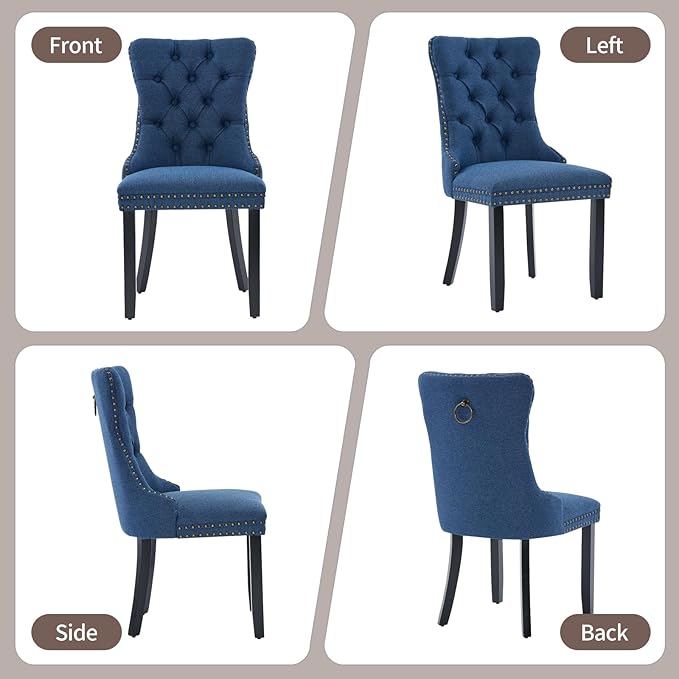 Blue Dining Chairs Set of 2, Upholstered Tufted Linen Fabric Dining Room Chai...