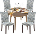 COLAMY 5-Piece Extendable Dining Table Set for 4, 36" Kitchen Round Wood Table with 4 Nailhead Dining Room Chairs,Light Brown/White&Blue Flower