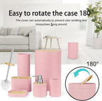 CERBIOR Bathroom Accessories Set 6 Piece Bamboo Bath Ensemble Includes Soap Dispenser, Toothbrush Holder, Toothbrush Cup, Soap Dish for Decorative Countertop and Housewarming Gift, Sriral Pink