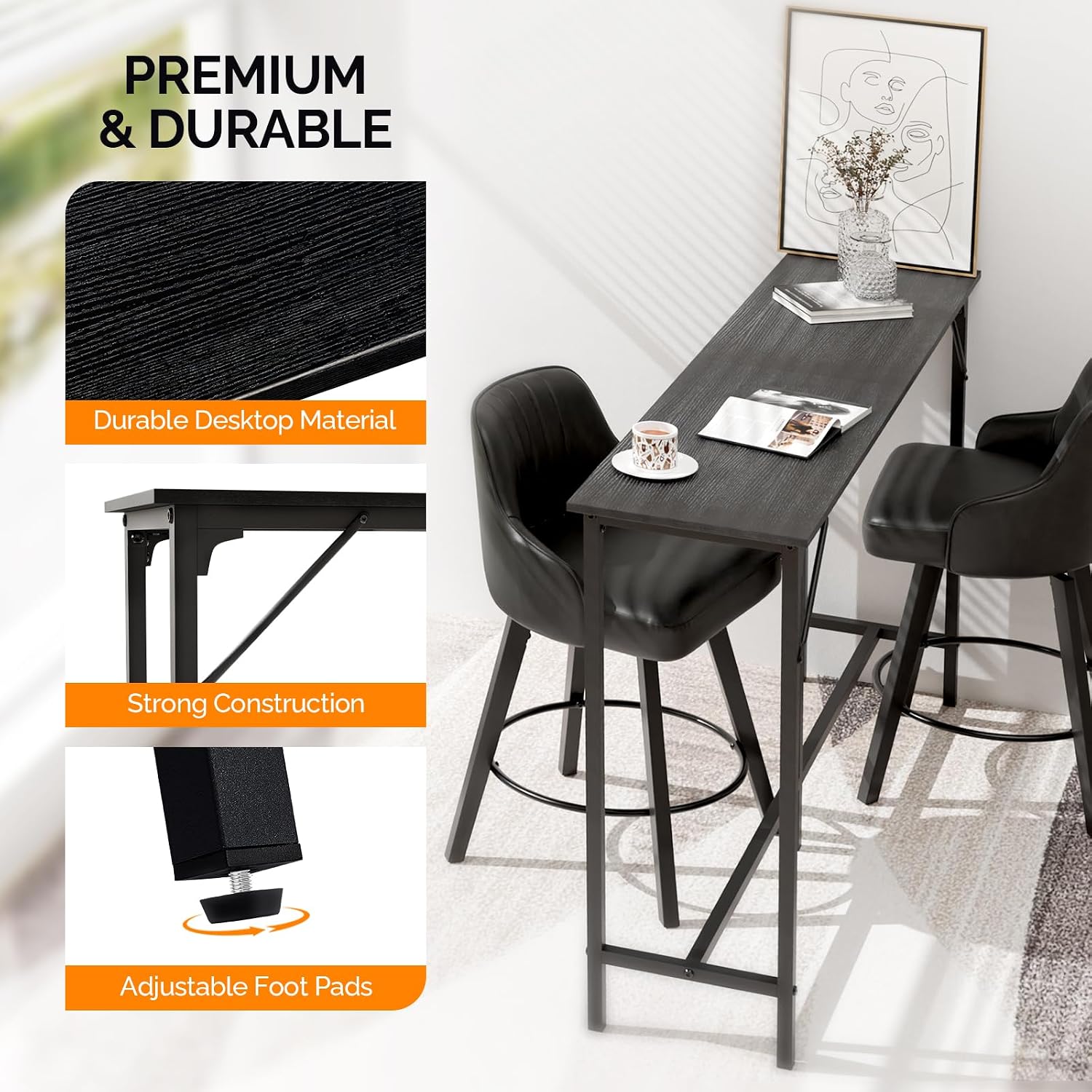 VINGLI 63 Inch Bar Table, Rectangular Counter Height Home Pub Table, Black | High Top, Multi-Scene Use for Kitchen Dining Living Room Sofa Entryway, Wooden Tabletop & Metal Base, Easy to Install