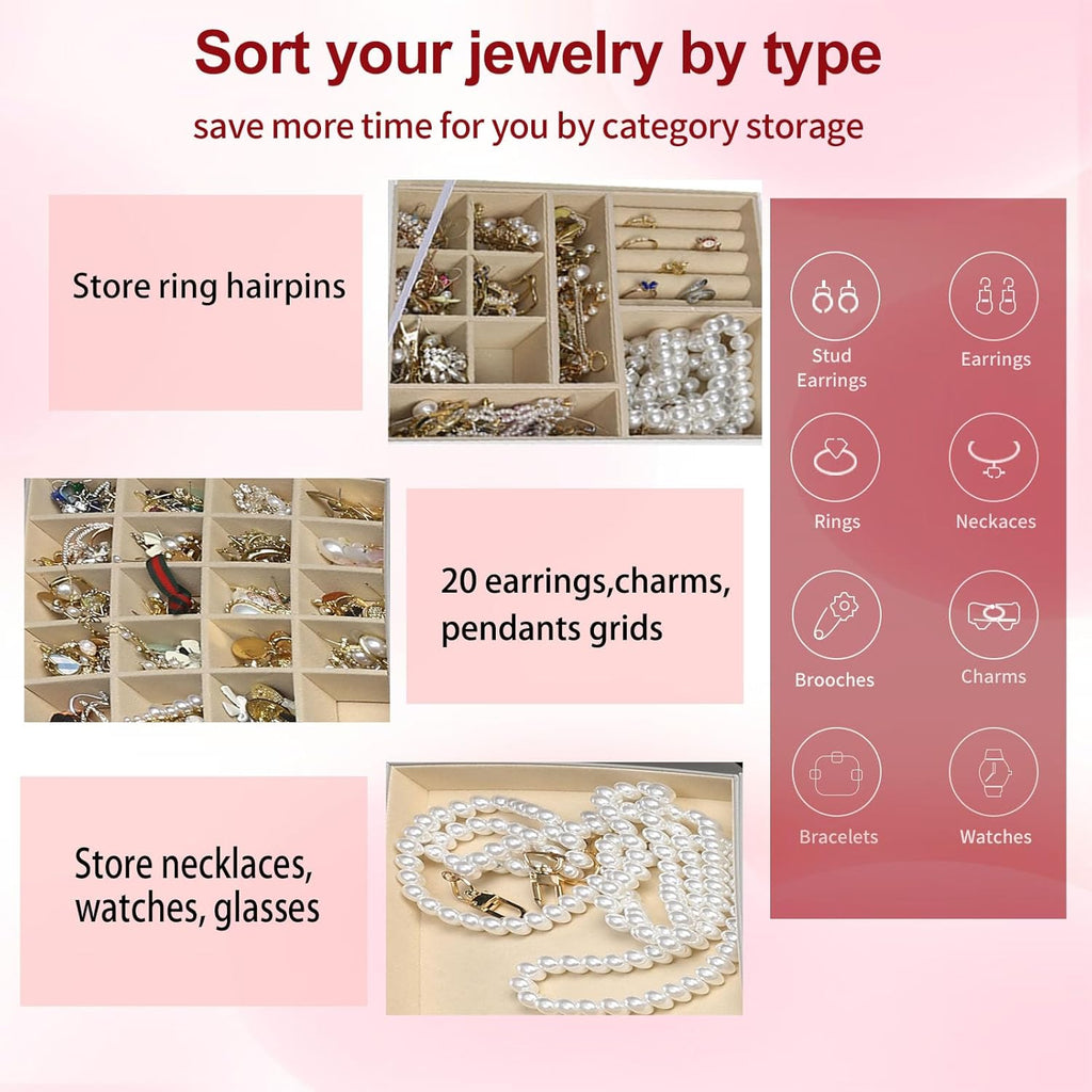 BOOVO Clear Lid Jewelry Box,3 Layers Jewelry Organizer Large Multi-Functional Jewelry Storage Box with 2 Drawers,Jewelry Display Case of Rings Earrings Necklace Bracelets for Women Girls (Grey)