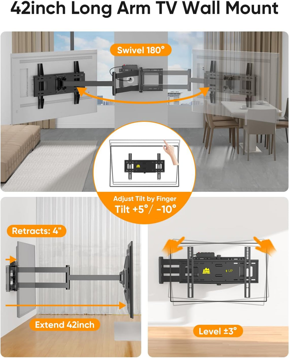FORGING MOUNT Long Arm TV Wall Mount with Power Strip for 42–80 inch TVs | Fu...