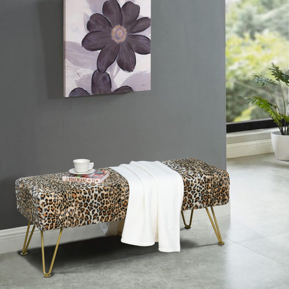 Leopard Print Rectangle Ottoman 46"x16"x17" Faux Fur Entryway ...
