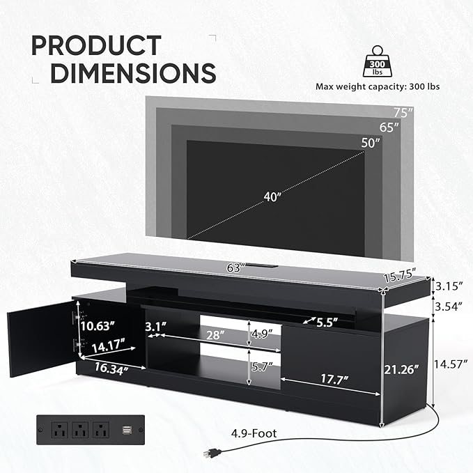 Verano Garden 63" LED TV Stand for 75 Inch TV, High Gloss Entertainment Center with 2 Storage Cabinets and Open Shelf, Modern TV Media Console with Power Outlet & Light for Living Room, Bedroom, Black