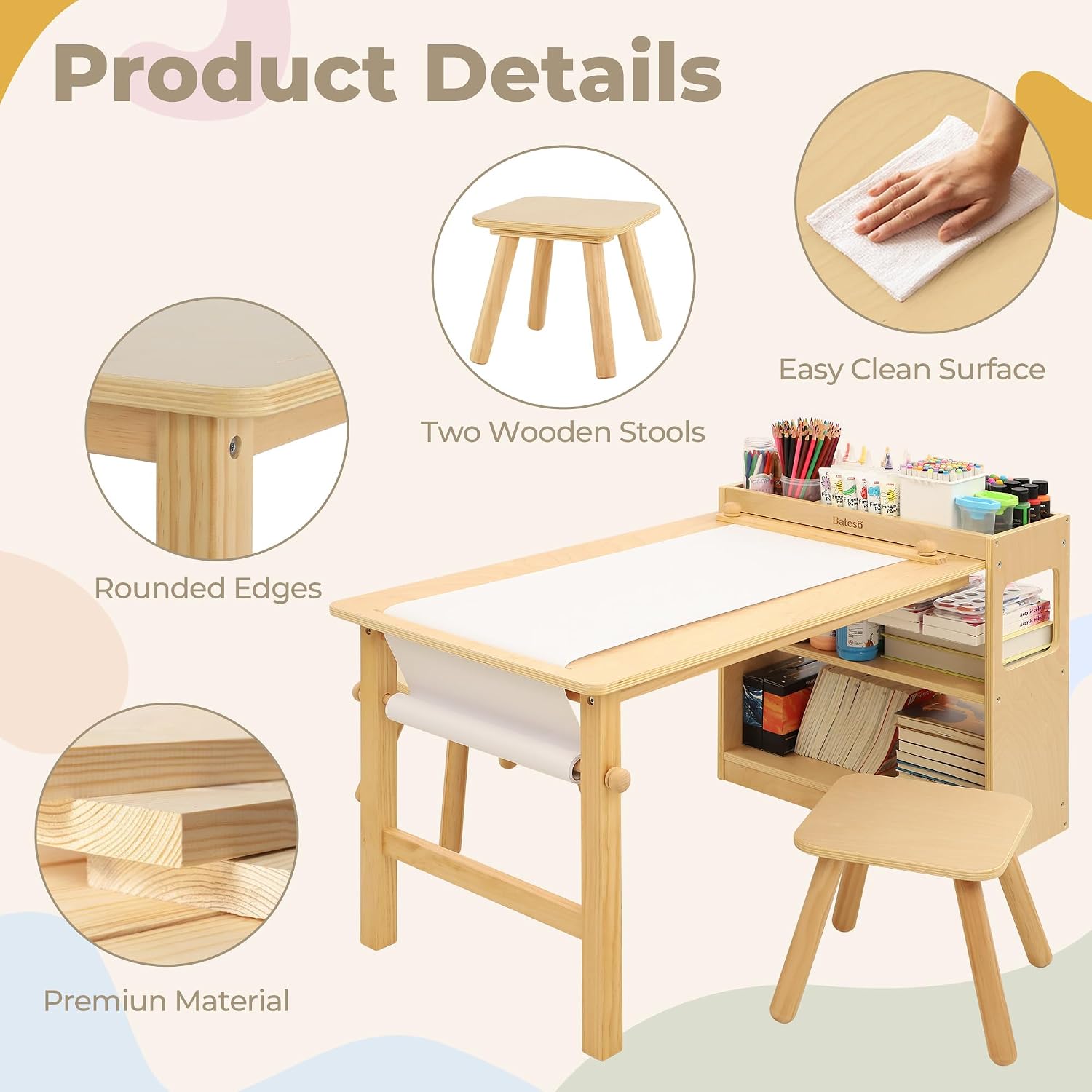 Bateso Kids Art Table and 2 Chairs Set with Roll Paper & Storage, Wooden Kid Craft Table for Drawing, Learning and Reading, Toddler Activity Play Desk for Home, Playroom or Classroom