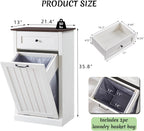 Tilt Out Laundry Hamper Cabinet, 10 Gallon Farmhouse Trash Can Cabinet with Drawer, Hidden Wood Garbage Can Bin Cabinet with Laundry Storage Basket for Bathroom, Kitchen, Antique White