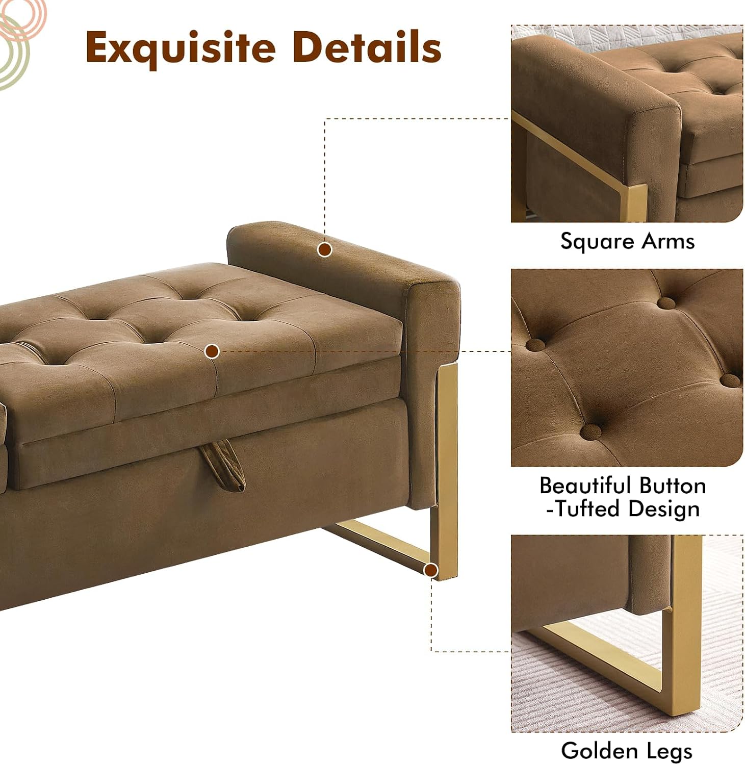 67" Storage Bench for Bedroom, End of Bed Bench King Size, Brown | Double Lids Storage Ottoman Bench with Golden Legs, Upholstered Velvet Bench for Foot of Bed Window Living Room Entryway