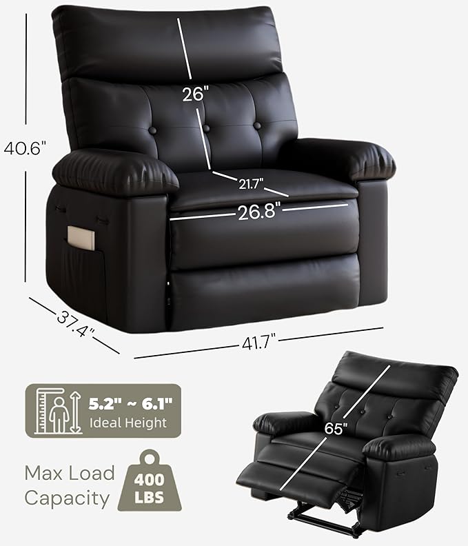 GarveeHome Oversized Rocker Swivel Recliner Chair - PU Leather Extra Wide Manual Recliner for Adults, Large Lazy Chair with 1.5X Sponge Comfort Arm and Back for Living Room, Bedroom