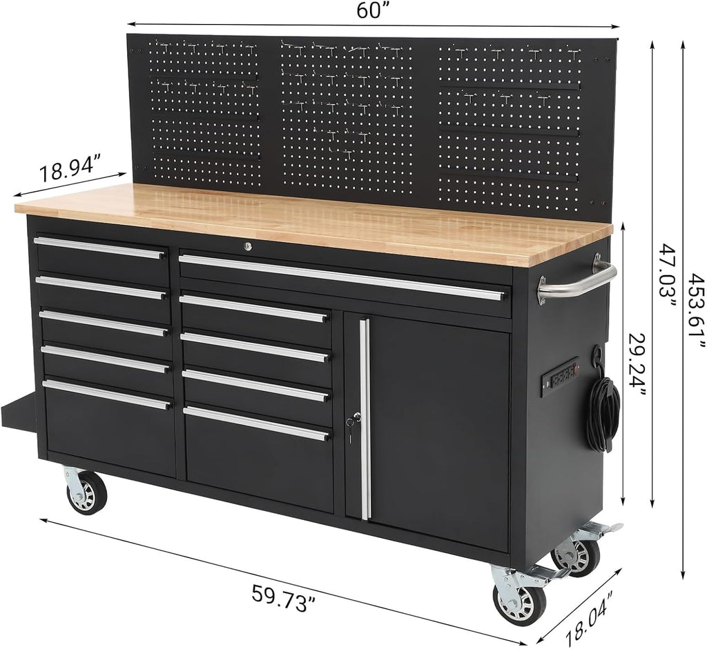 Rolling Tool Chest, 61 in Garage 10 Drawers Workbench Storage Tool Cabinet with Solid Rubber Wood Top, Power Strip, 1675 LBS Load Mobile Workstation, Heavy Duty Rolling Cabinet, Black