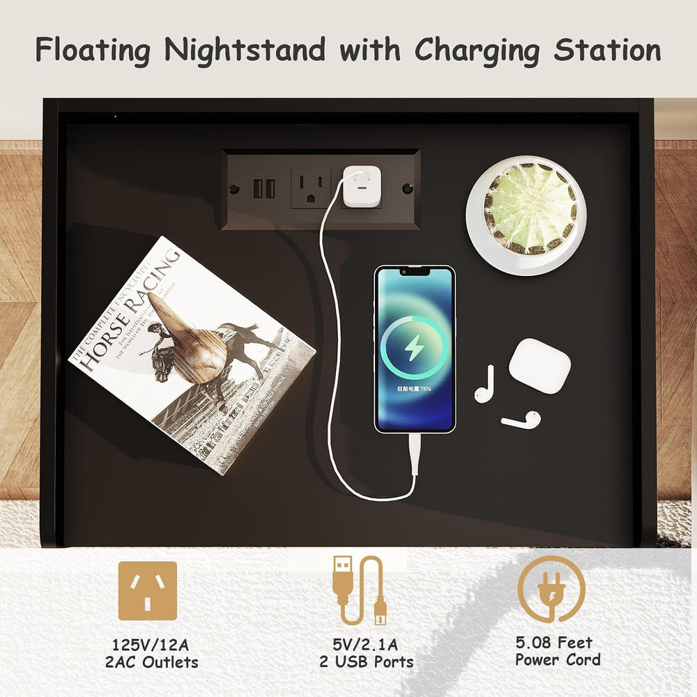 Arbuxzuy Floating Nightstand Set of 2 with Charging Station and Drawer | Mode...