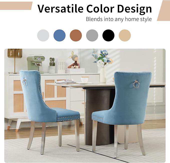 Luxury Upholstered Dining Chairs Set of 8, Light Blue Kitchen Chair with Silver Metal Legs, Velvet Tufted Back Dining Chair, Sillas de Comedor, Modern Kitchen & Dining Room Chairs (Light Blue, 8 Pcs)