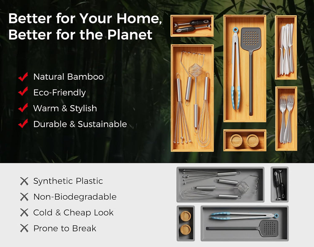 Long Bamboo Kitchen Drawer Organizer Boxes 17" x 6" Wood Pantry Organizers | Set of 2 Stackable Wooden Silverware Utensil Tray for Drawers Bins Cutlery & Flatware Storage for Junk Drawer Bathroom Rv