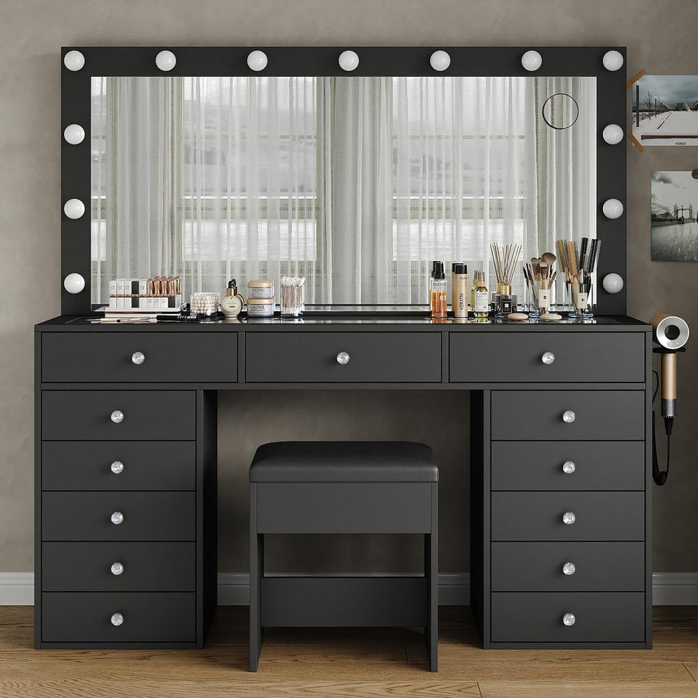 FUSOU Makeup Vanity with Power Outlet & Lighted Mirror, 13 Drawers Vanity...