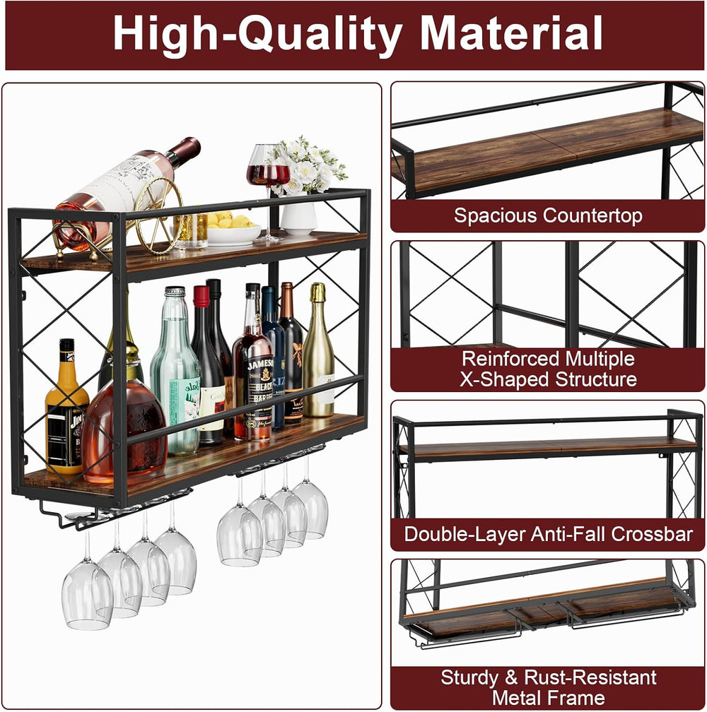 Wine Rack Wall Mounted 2 Tier Wall Wine Rack with Glass Holder, Double Layer ...