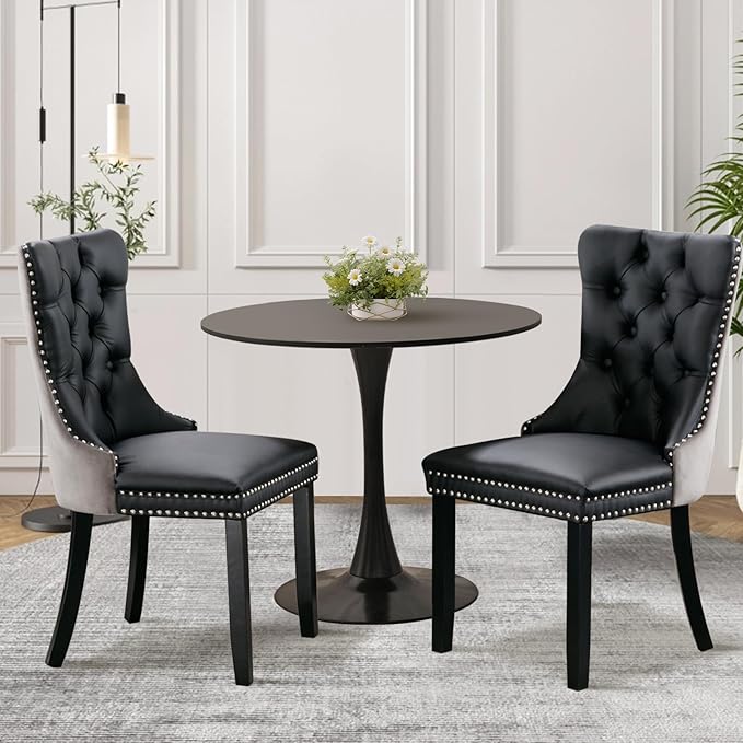 3-Pieces 31.5" Round Dining Table Set for 2, Black Dining Table & PU & Velvet Upholstered Dining Chairs Set of 2 for Kitchen Dining Room Apartment Small Space(Black & Grey Chairs)