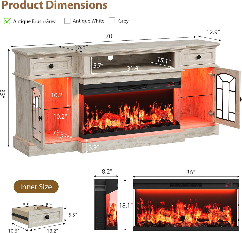 QUW 70" Farmhouse Fireplace TV Stand for TVs up to 80", Entertainme...
