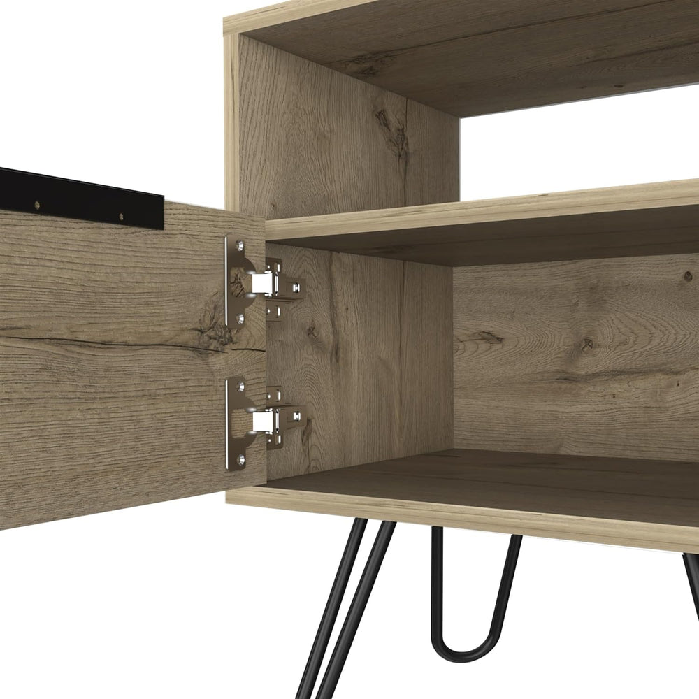 Nightstand 22" H, One Open Shelf, Single Door Cabient, Hairpin Legs, Lig...