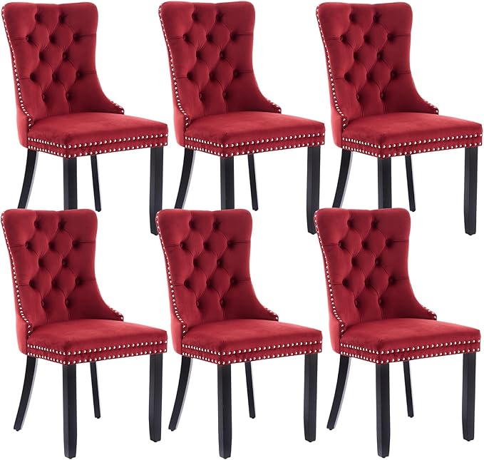 Velvet Dining Chairs Set of 6, Upholstered Dining Room Chairs with Back Ring Pull Trim and Solid Wood Legs,Tufted Wingback Kitchen Chairs for Dining Room,Kitchen(Wine Red)