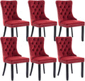 Velvet Dining Chairs Set of 6, Upholstered Dining Room Chairs with Back Ring Pull Trim and Solid Wood Legs,Tufted Wingback Kitchen Chairs for Dining Room,Kitchen(Wine Red)