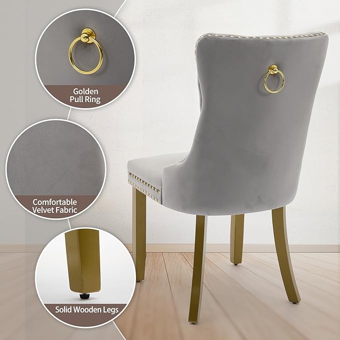 Velvet Dining Chairs Set of 6, High-end Tufted Upholstered Dining Chair with Back Ring Pull, Nailhead Trim and Golden Solid Wood Legs, Modern Dining Room Chairs for Dining Room, Light Gray