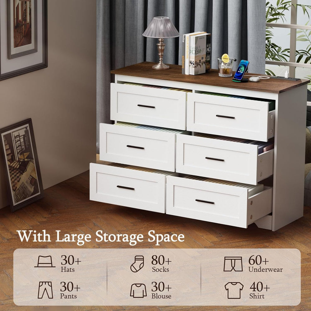 GEPELCN Farmhouse Dresser for Bedroom 6 Drawers Dresser with Power Outlets Ru...