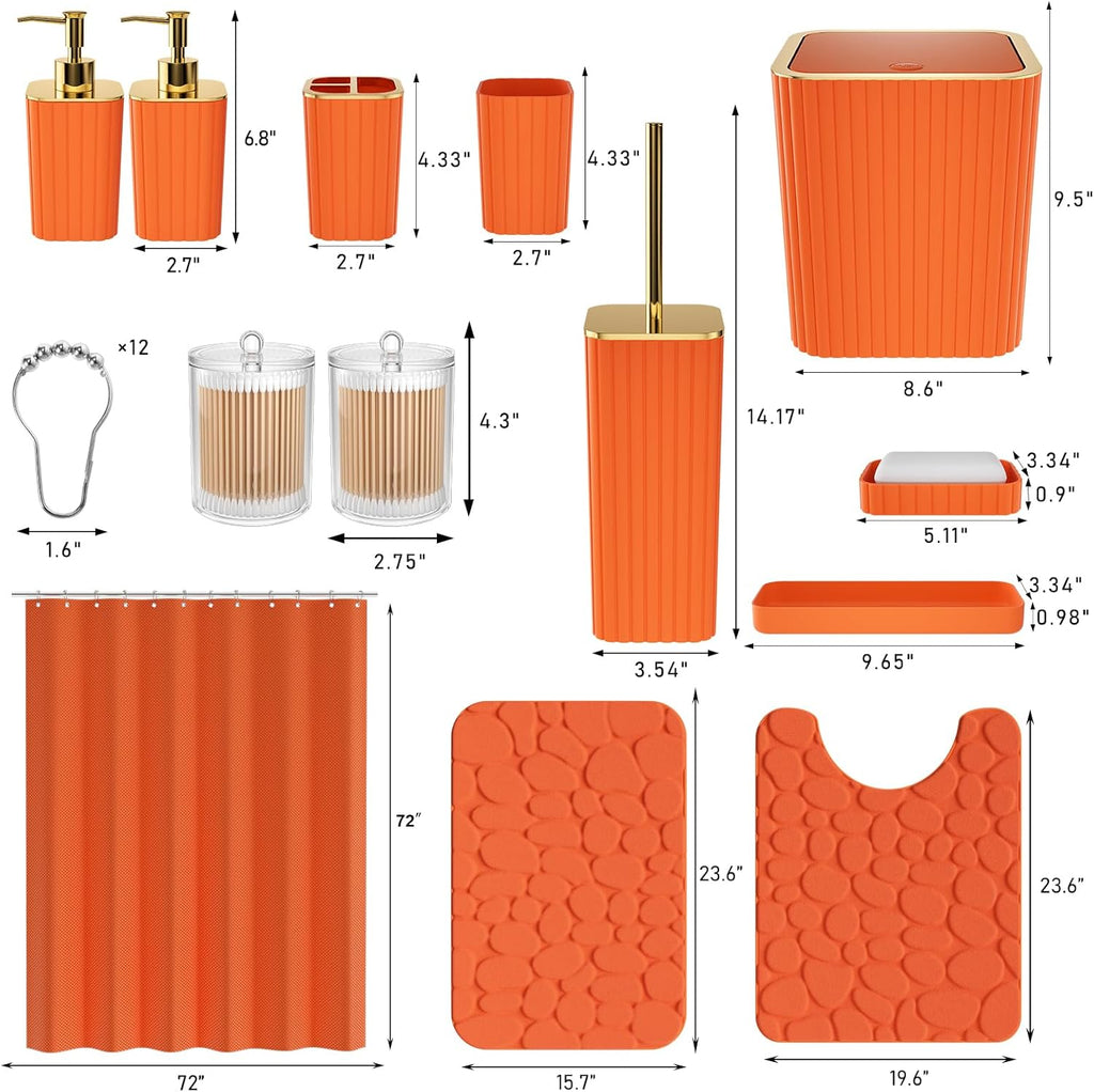 Bathroom Accessories Set - 25PC Bathroom Sets with Shower Curtain and Rugs, Orange Bathroom Accessories with Trash Can, Soap Dispenser, Soap Dish & Toilet Brush