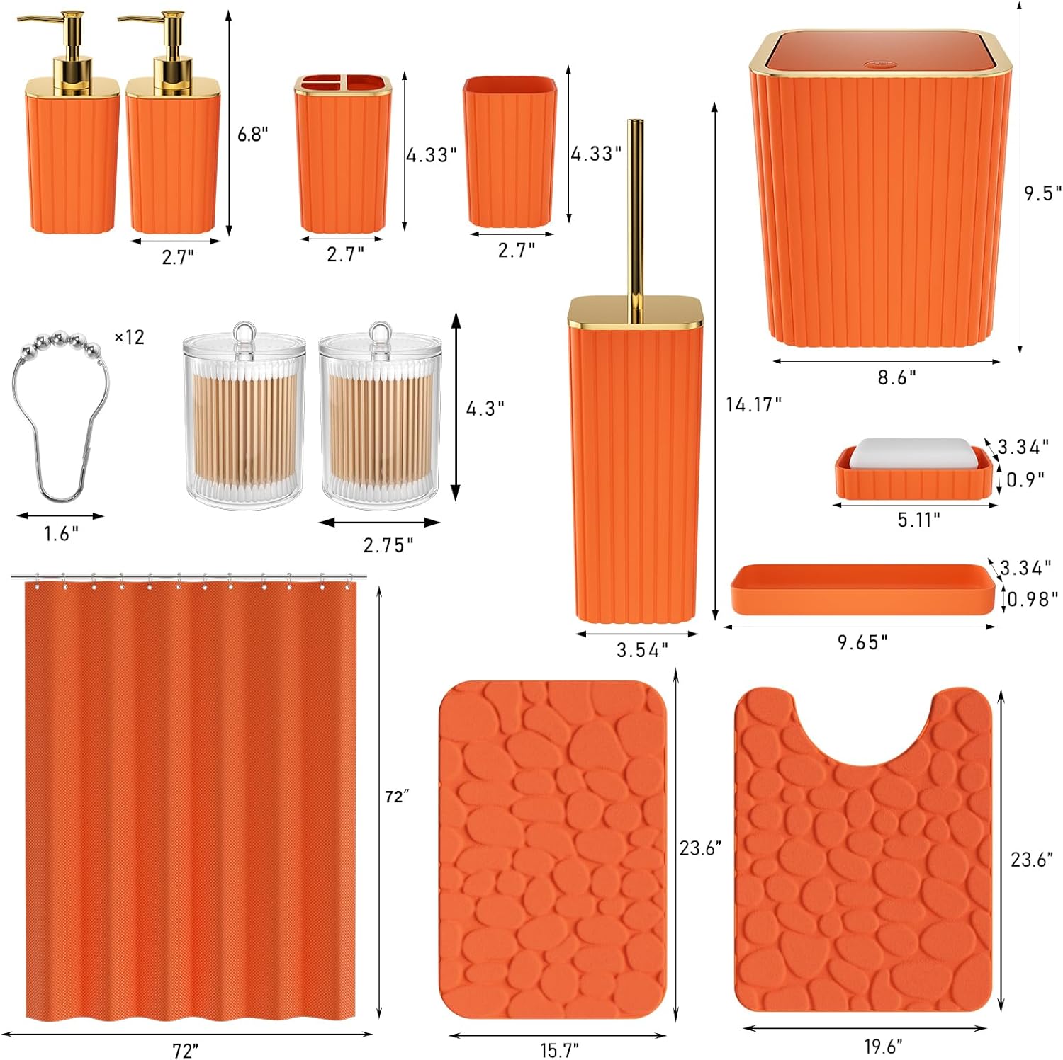 Bathroom Accessories Set - 25PC Bathroom Sets with Shower Curtain and Rugs, Orange Bathroom Accessories with Trash Can, Soap Dispenser, Soap Dish & Toilet Brush