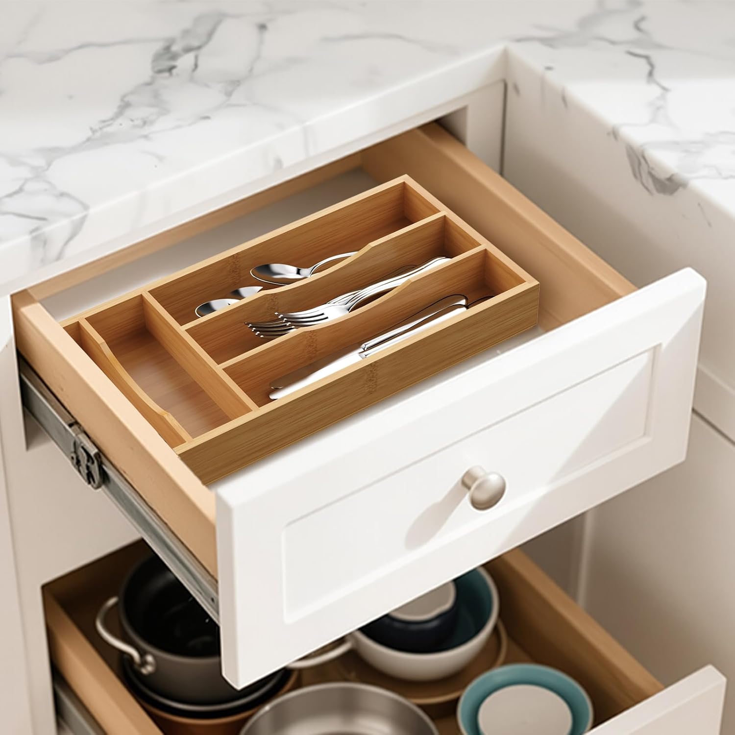 Small Silverware Organizer, Bamboo Kitchen Drawer Cutlery Organizer, Utensil Holder, Flatware Organizer Tray (6.7"x14.2"x1.6")