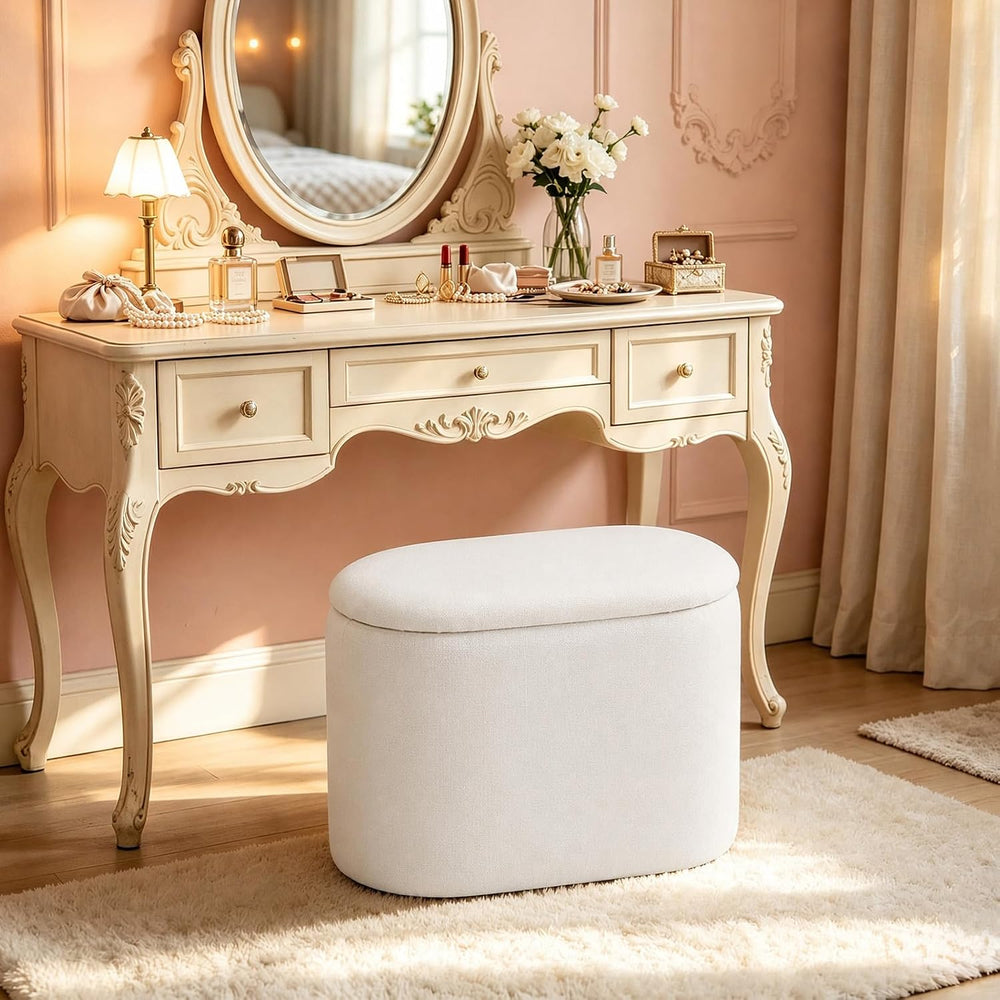 Oval Ottoman with Storage for Living Room, Modern Linen Fabric Foot Stools Ot...