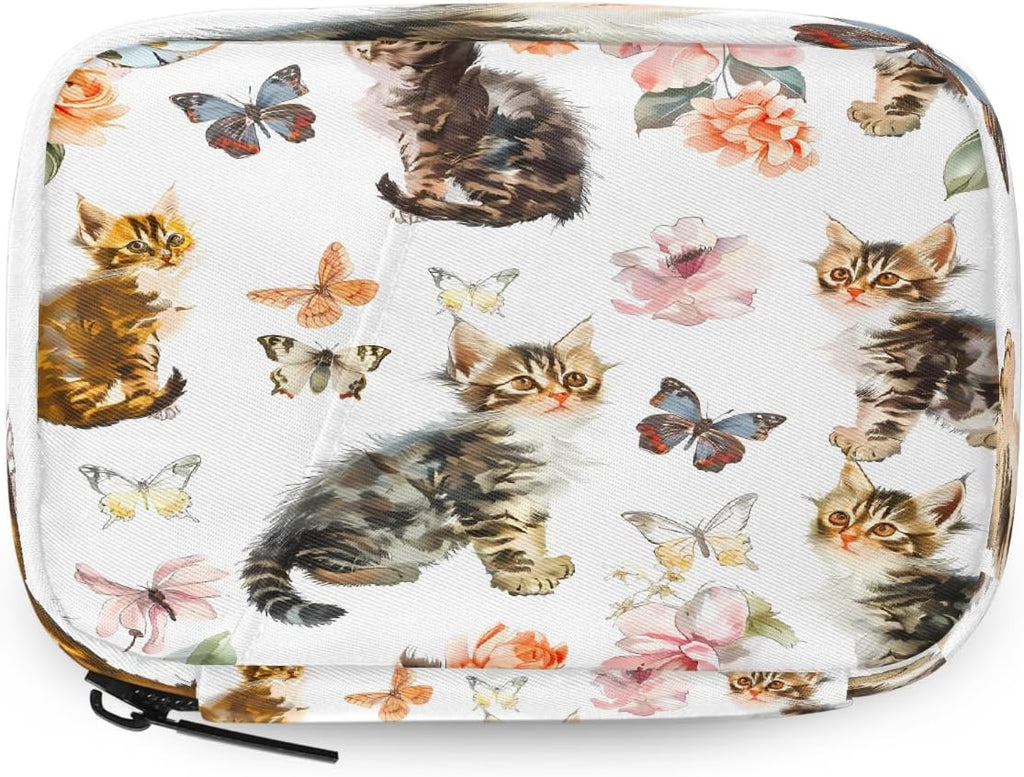 Watercolor Cute Cats Butterflies Pill Organizer Travel Medicine Case with Zipper Daily Vitamin Storage Bag Portable 8 Slot Weekly Pill Box Supplement Holder for Home Office Gym Travel