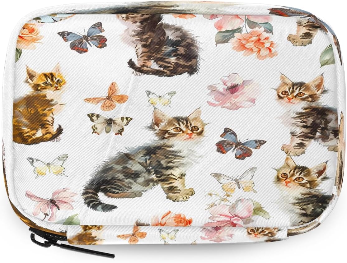 Watercolor Cute Cats Butterflies Pill Organizer Travel Medicine Case with Zipper Daily Vitamin Storage Bag Portable 8 Slot Weekly Pill Box Supplement Holder for Home Office Gym Travel