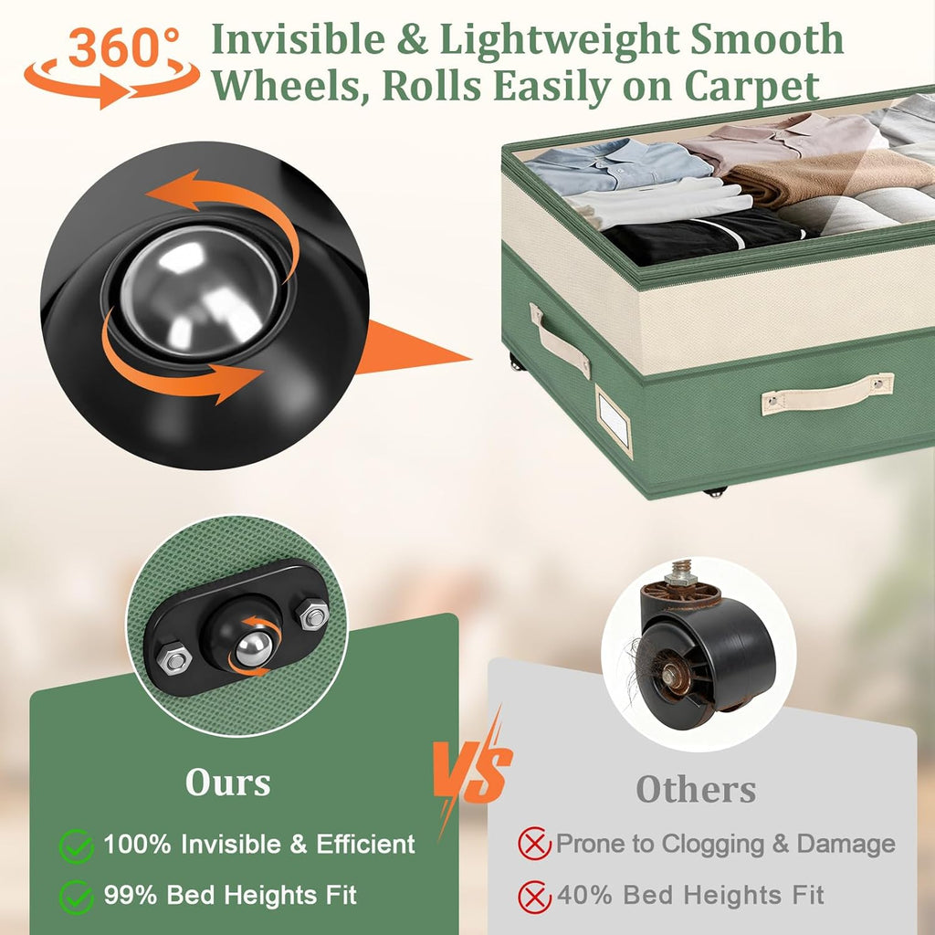 Dolicer 4 Pack Under Bed Storage with Wheels, 6in-10in Height Adjustable Underbed Storage Containers, 92L XXXL Under Bed Drawers Rolling Bin with Clear Lids for Dorm Shoes Clothes Organizers(Green)