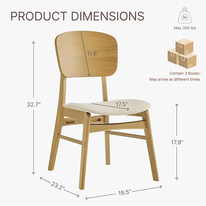 Wooden Dining Chairs Set of 6, Upholstered Modern Dining Room Chairs, Mid Century Oak Kitchen Chairs with Ergonomic Wood Backrest for Farmhouse, Restaurant, Café (Cream Fabric & Original Color)