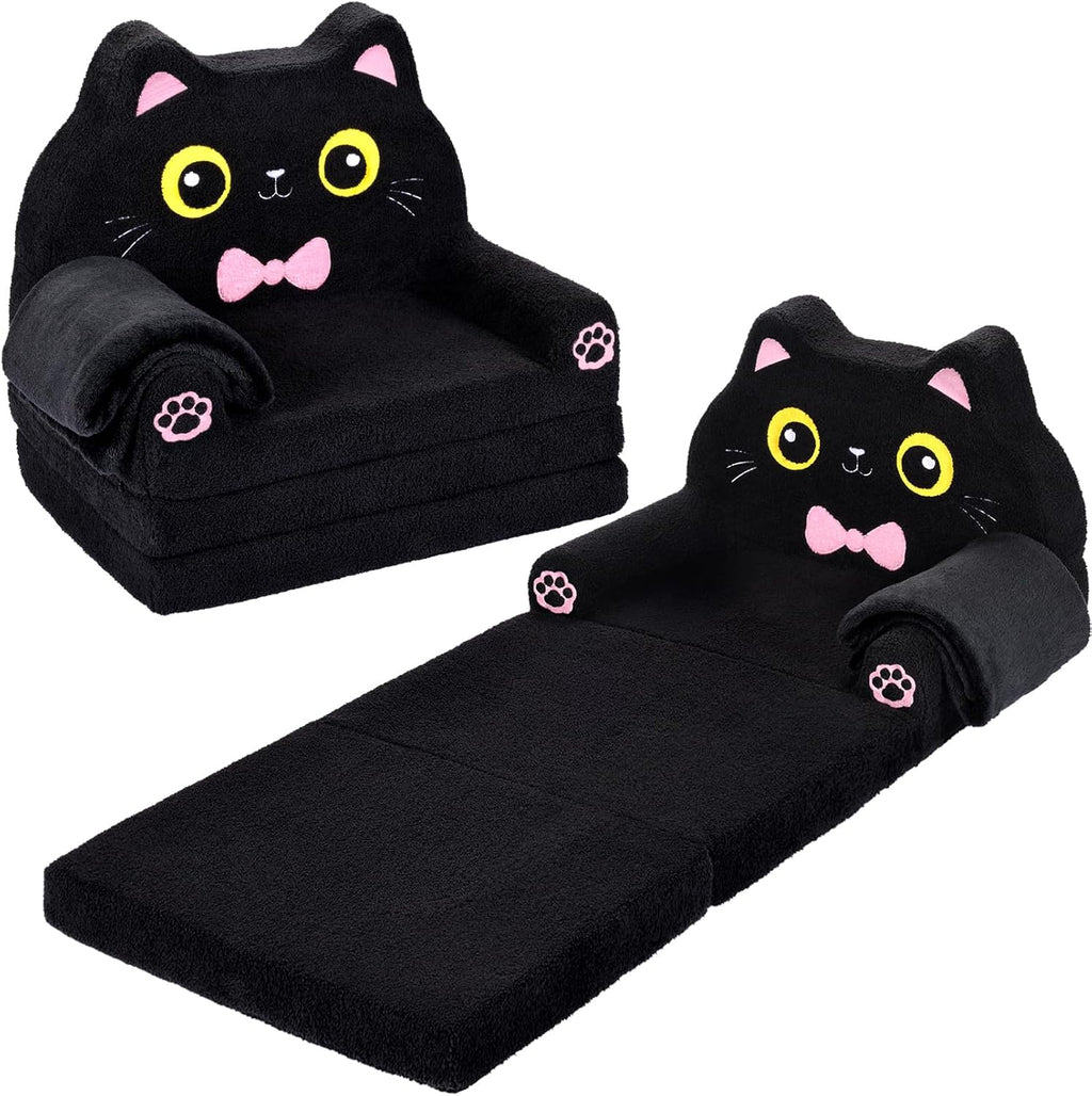 Foryoomi Kids Couch, 2-in-1 Soft Toddler Couch Fold Out with Blanket, Chair Comfy, Foldable Convertible Plush Sofa, Gifts for Kids Girl Boys, Black Cat
