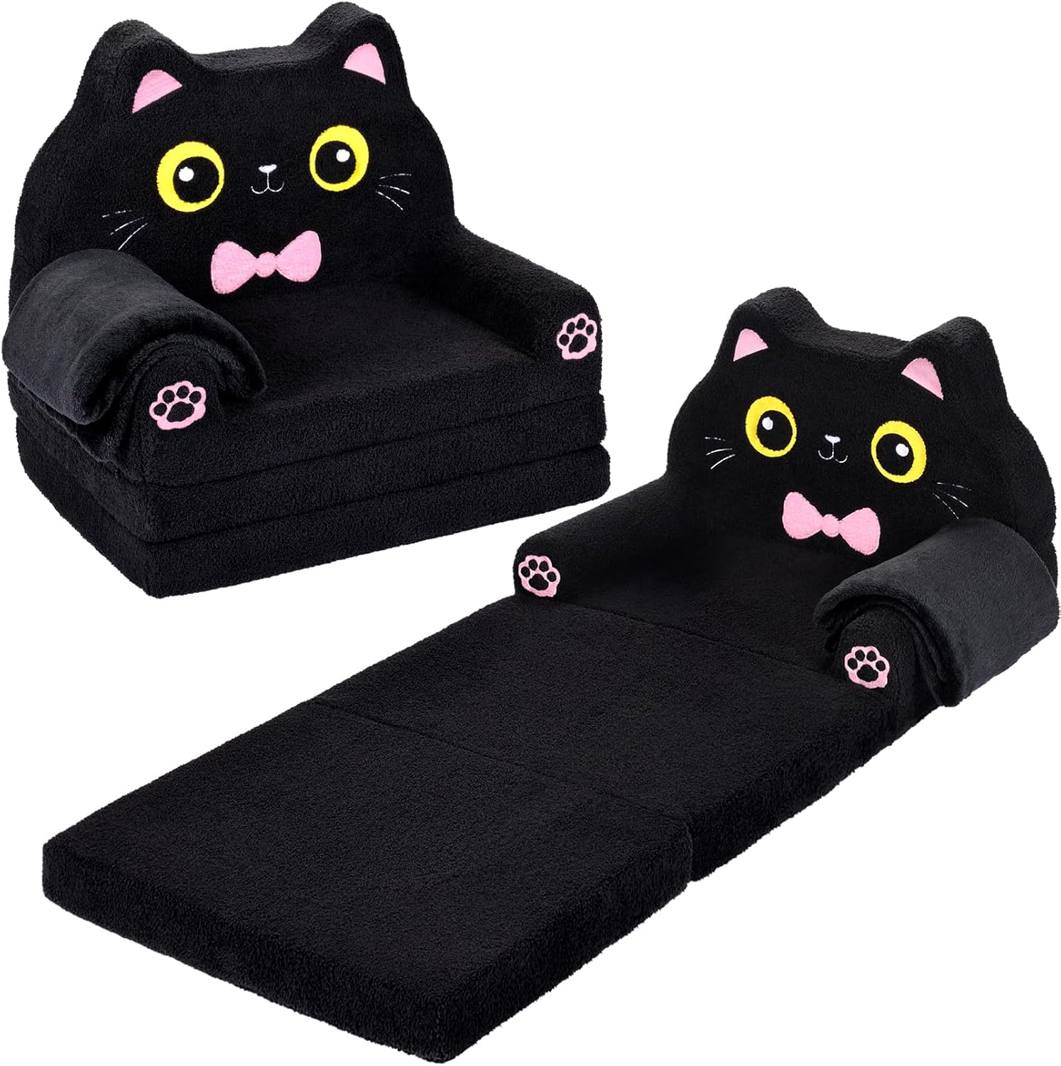 Foryoomi Kids Couch, 2-in-1 Soft Toddler Couch Fold Out with Blanket, Chair Comfy, Foldable Convertible Plush Sofa, Gifts for Kids Girl Boys, Black Cat