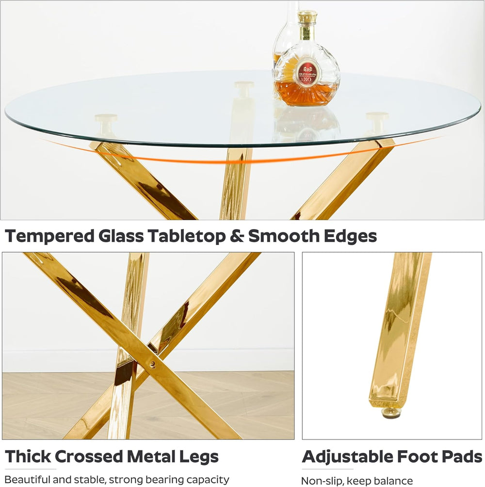 yeag 39'' Modern Round Dining Table Set for 4, Tempered Glass Top &am...