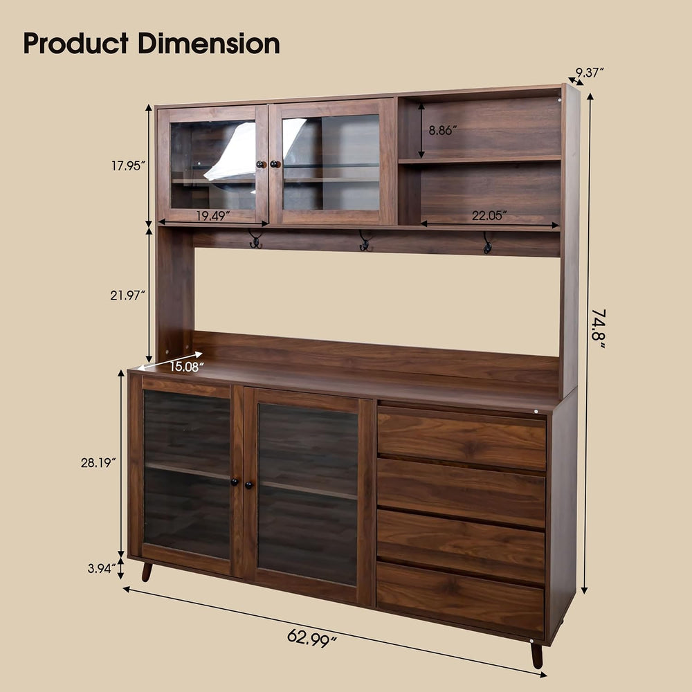 63" Large Kitchen Hutch Cabinet with 4 Doors, 4 Drawers and Microwave Sh...
