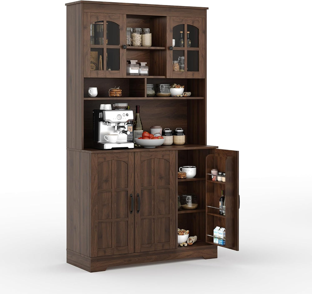 70.9" Tall Kitchen Pantry Cabinet with Glass Doors and Hutch, Freestandi...
