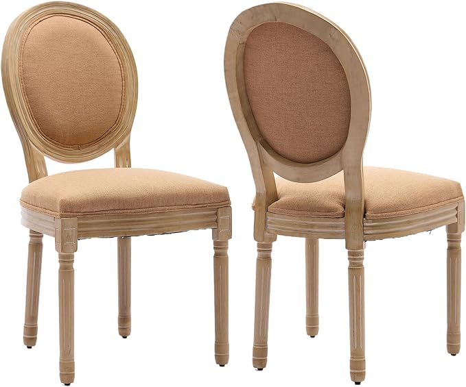 French Country Dining Chairs Set of 2, Caramel Kitchen & Dining Room Chairs Set of 2, Linen Upholstered Dining Chairs, Wood Legs, Sillas De Comedor (Fabric, Amber, 2Pcs)