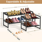 Expandable Shoe Rack, 2 Tier Adjustable Shoe Organizer with Flat & Slant Dual Use Design, Space Saving Shoes Stand for Closet & Entryway, Sturdy Dense Metal Grid Shoe Holder for High Heels, Sneakers