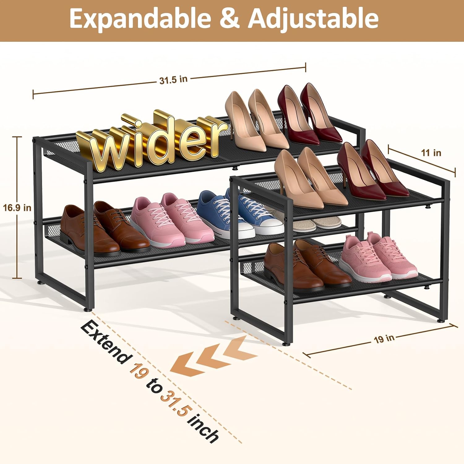 Expandable Shoe Rack, 2 Tier Adjustable Shoe Organizer with Flat & Slant Dual Use Design, Space Saving Shoes Stand for Closet & Entryway, Sturdy Dense Metal Grid Shoe Holder for High Heels, Sneakers