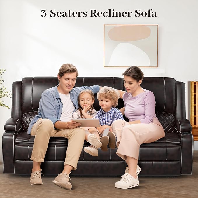 3-Seater Recliner Sofa, Manual Reclining Couch with Multi-Functional Middle Seat, Reclining Sofa for Living Room with Hidden Storage Space, Cup Holders, and Removable Console - PU Brown
