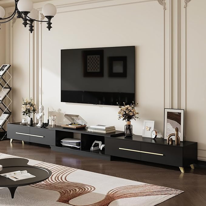 FAMAPY Modern TV Console Extendable Media Console, Adjustable Length, Contemporary Entertainment Center with Drawers and Legs, for Living Room Black and Gold (95”-133.9”W x 15.2”D x 13.1”H)