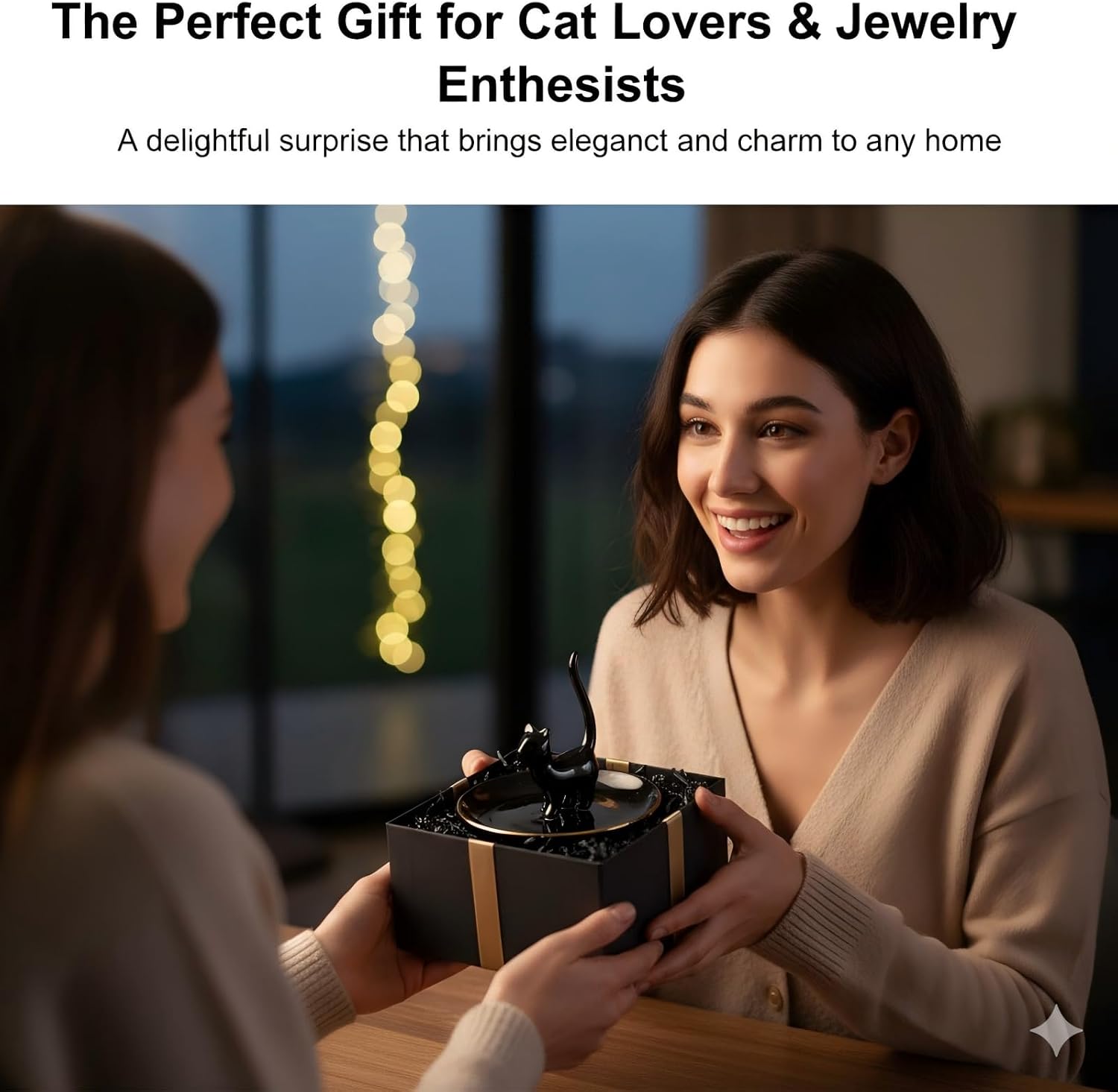 ROSA&ROSE Cat Ring Holder Trinket Tray Ceramic Jewelry Dish Porcelain Ring Organizer–Gift for Women,Girlfriend,Wife,Birthday or Anniversary (Black)