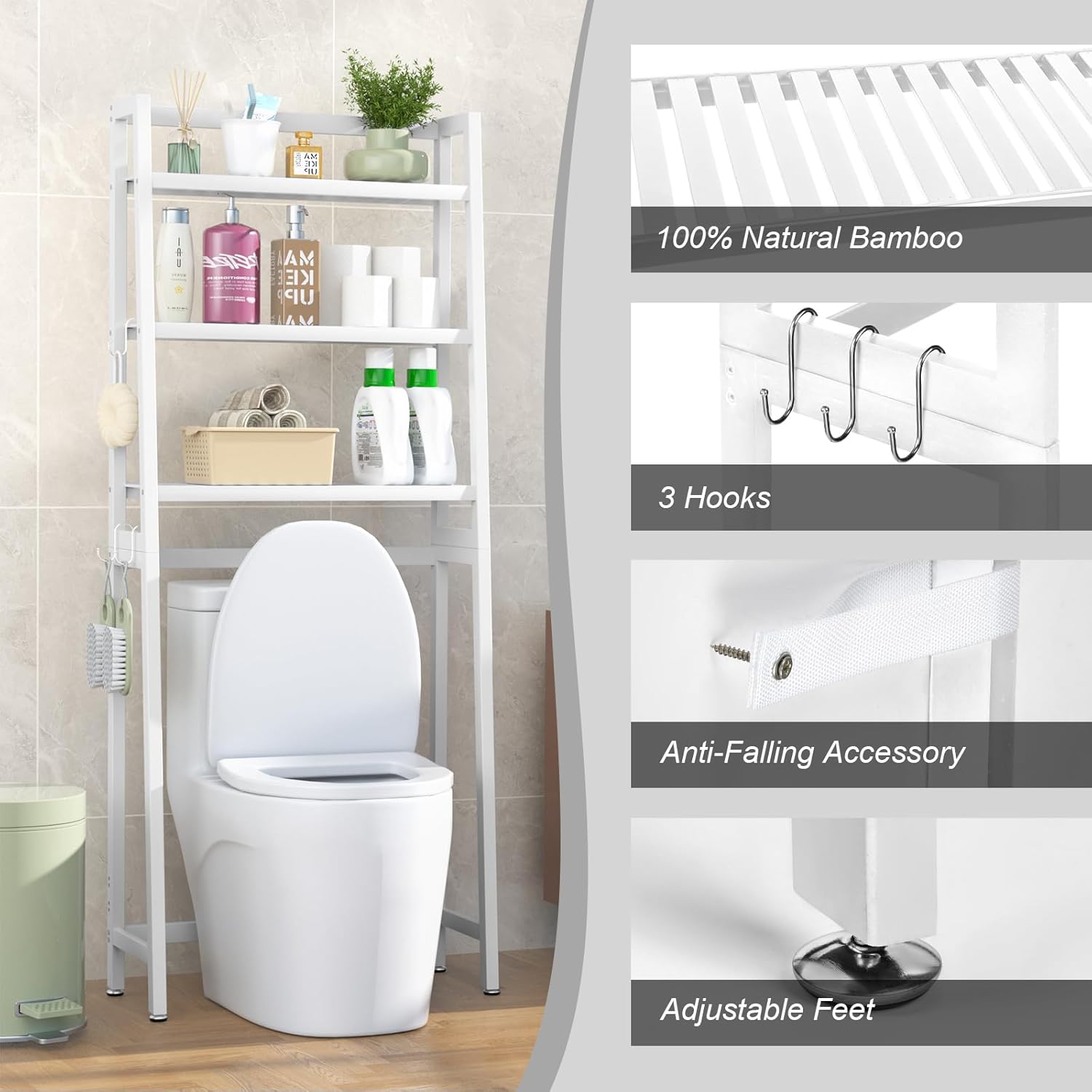 VASMIA Over The Toilet Storage,Bamboo 3-Tier Bathroom Organizer Over Toilet Storage Cabinet,Freestanding Space Saver with 3 Hooks White