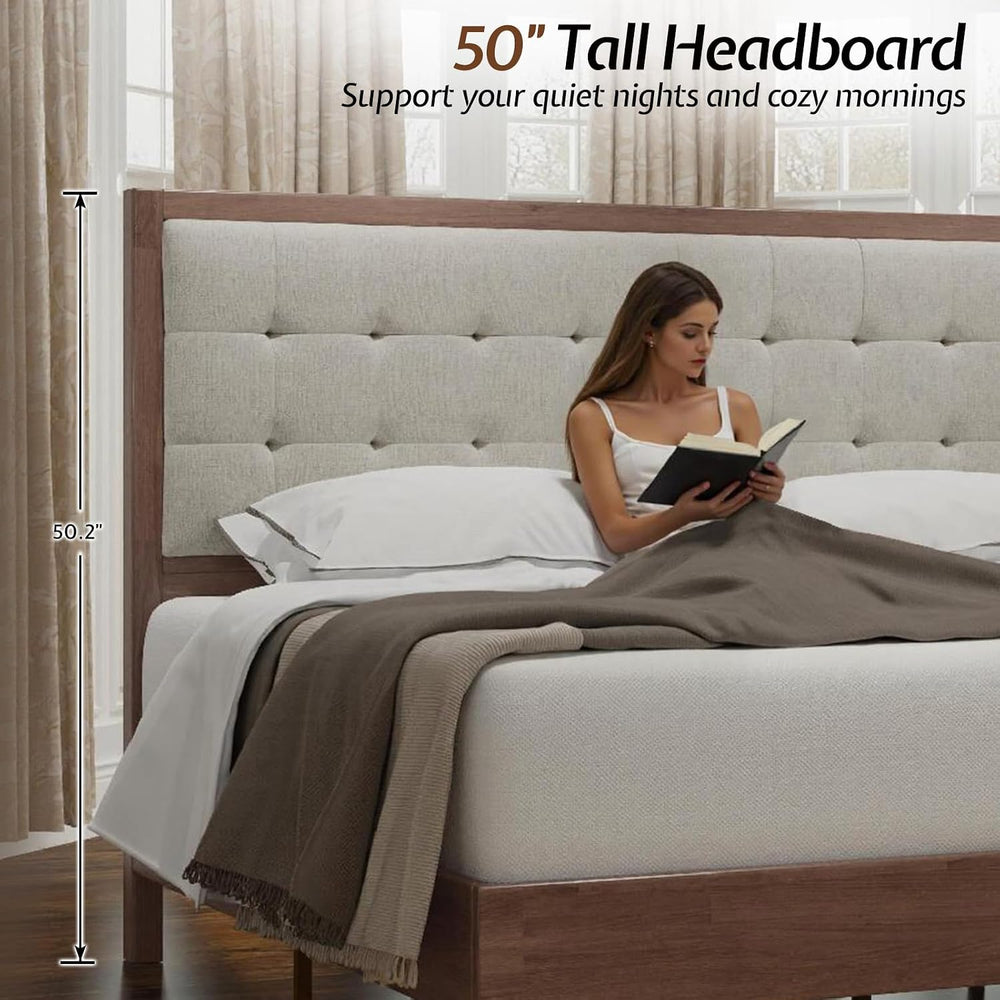 Jocisland Queen Bed Frame Solid Wood,50" Tall Upholstered Headboard,Walnut