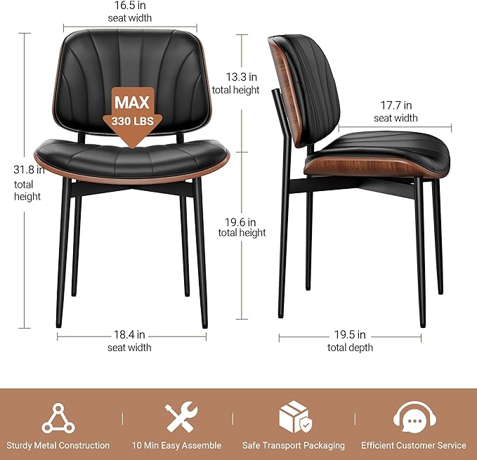 Dining Chairs Set of 8, Mid-Century Modern Upholstered PU Leather Chairs with Walnut Bentwood Back and Metal Legs Adjustable Feet for Kitchen Dining Room, Black Shell Strips