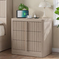 Fluted Nightstand with Charging Station, 23.6" Night Stand with Solid Wood Handle, Mid Century Modern Bedside Table End Table 3 Drawer Dresser for Bedroom, Living Room, White Alder