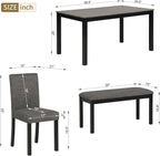 KEIKI 6-Piece Standard Height Dining Table Set with Rectangular Table, 4 Upholstered Curved Backrset Chair, Bench, for 6 Person, Modern Table Set, Easy Assembly, for Kitchen, Dining Room, Black+Gray